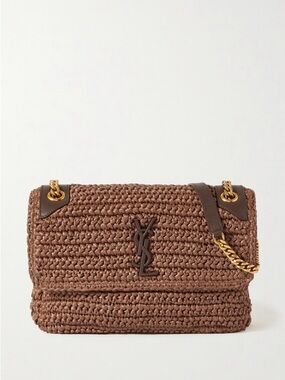 Saint Laurent Brown Niki Raffia Braided Shoulder Bag with Gold Chain